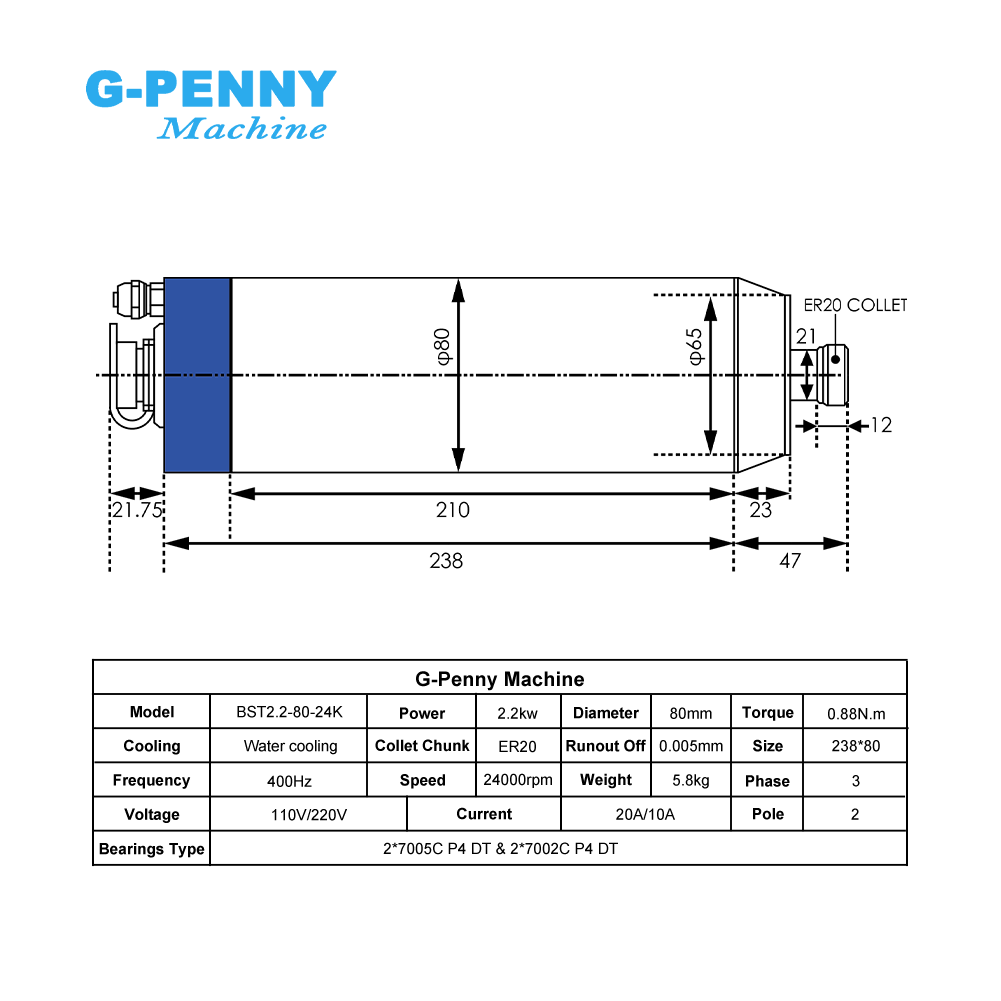 G-Penny 2.2KW ER20 Bullet Wate - 2.2Kw Water Cooled Spindle Kit Vfd ulasan dan harga